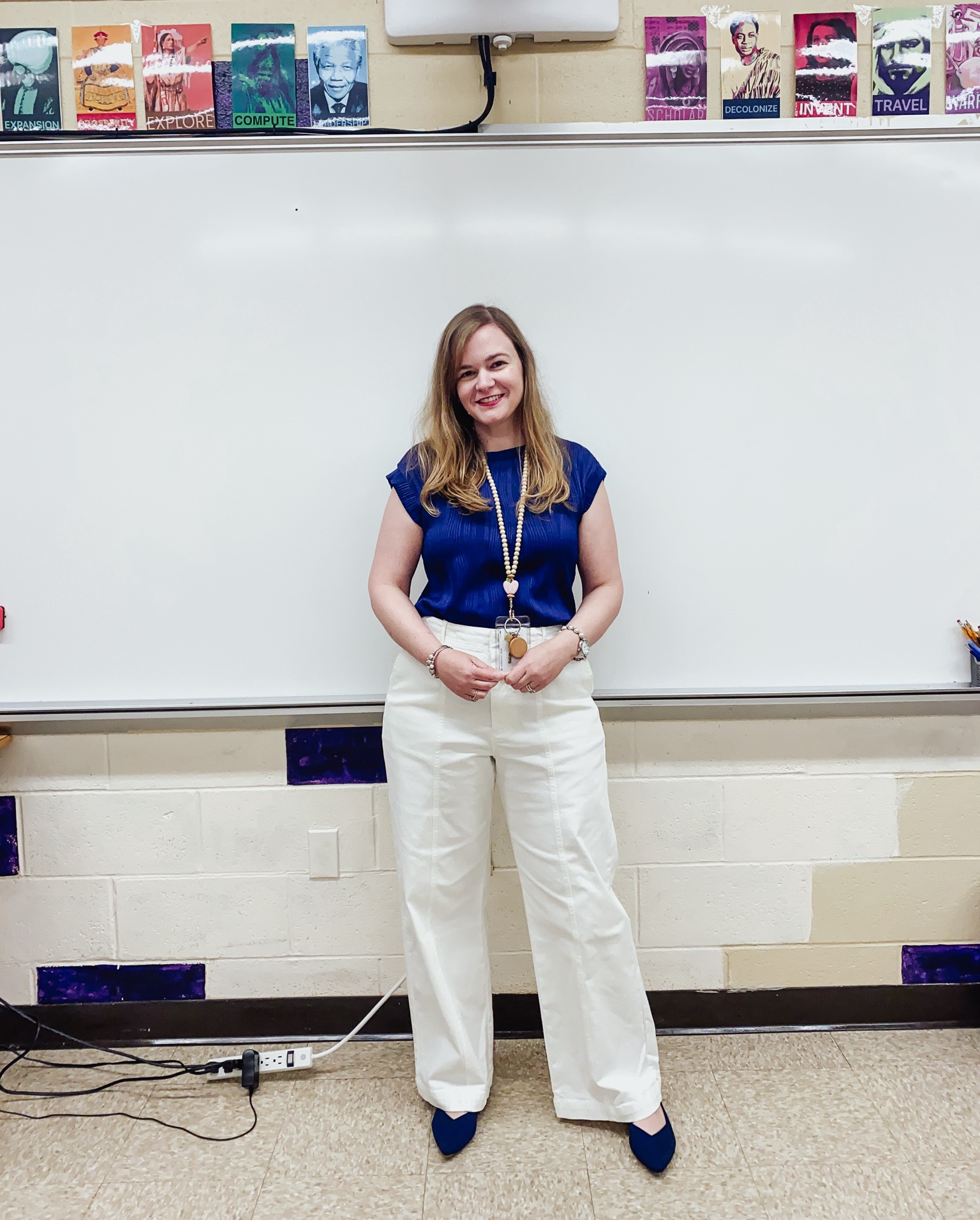 White wide leg jeans - bought regular size 
Navy blue blouse 
Teacher lanyard 
Navy blue flats 


#LTKStyleTip #LTKWorkwear #LTKShoeCrush