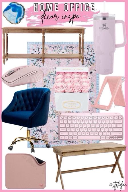 Home office! Blue velvet chair,
Pink boho girly Anthropologie rug, world market desk and console table, pink keyboard, mouse, mouse pad, forever roses, drink tumbler, phone stand, agate coasters



#LTKSeasonal #LTKStyleTip #LTKFindsUnder100