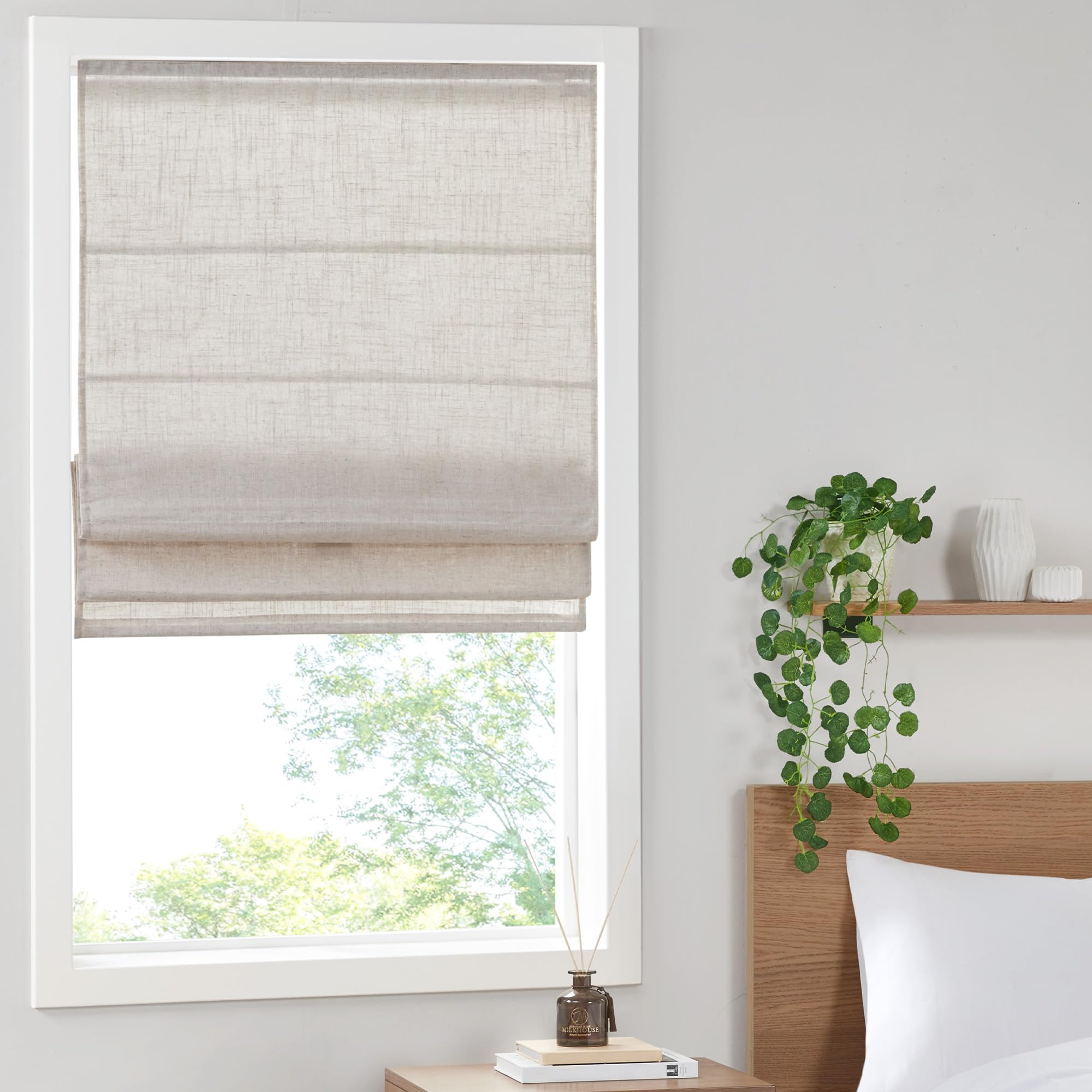 Madison Park Kyler Cordless Roman Shades - Single Panel, Lightweight Linen Blend Fabric, Natural ... | Amazon (US)