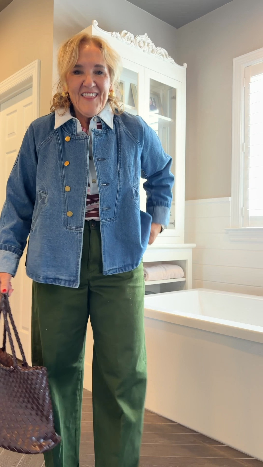 Easy fall casual outfit. Love these new barrel chinos. Wearing an 8 reg. I prob could have used the petite 
Striped top is lightweight and roomy size med 
Jacket size medium

#LTKOver40 #LTKootd #LTKPetite