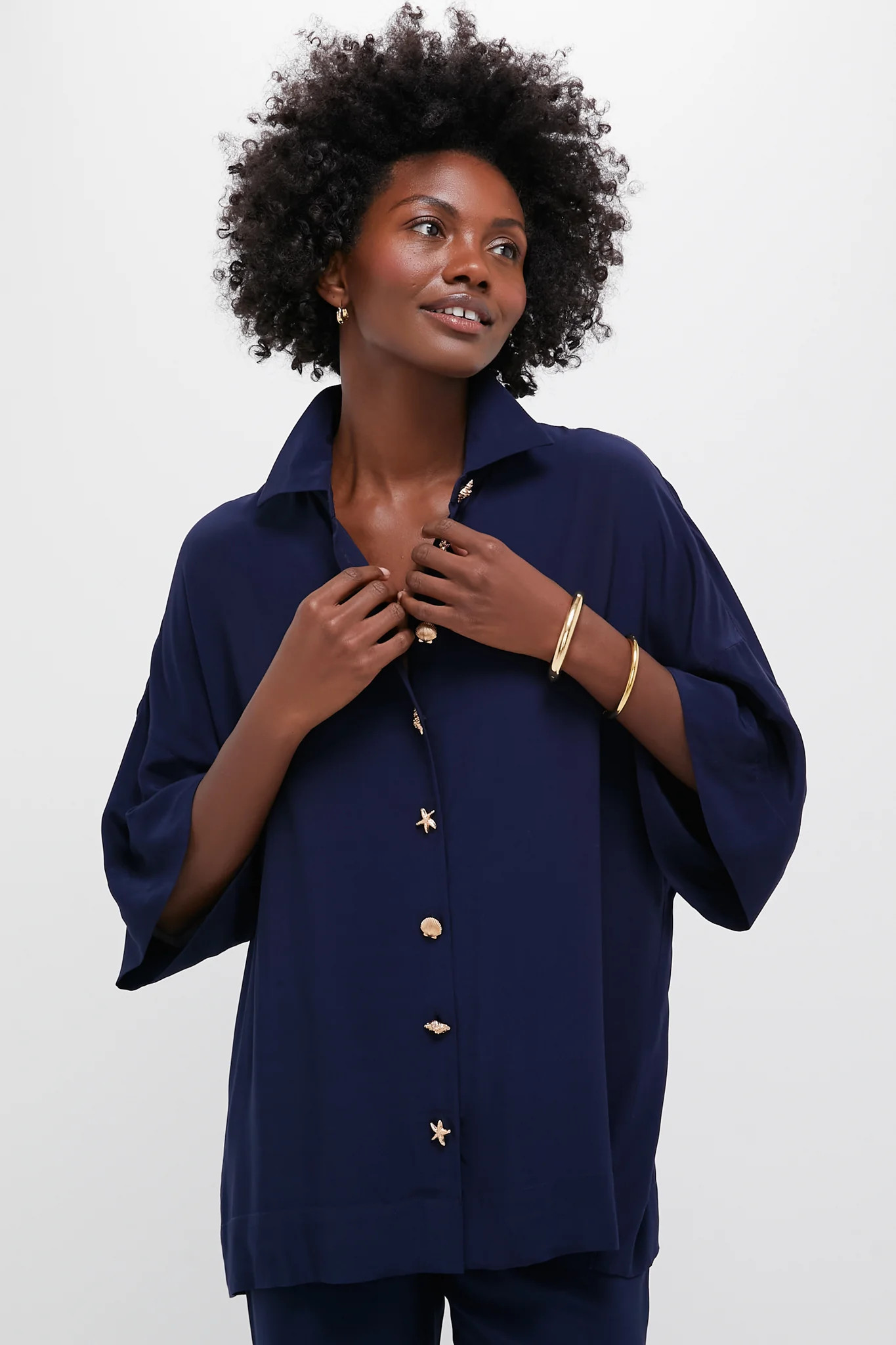 Navy Viscose Charmeuse Nautilus Blouse | Tuckernuck (US)