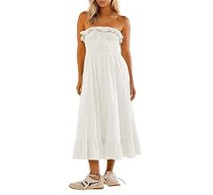 Women Strapless Boho Midi Dress Off Shoulder Ruffle Trim Tie-up Backless Linen Flowy A Line Dress... | Amazon (US)