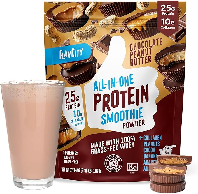 FlavCity Grass Fed Whey Chocolate Protein Powder - Chocolate Peanut Butter - 25g Protein & 10g Co... | Amazon (US)