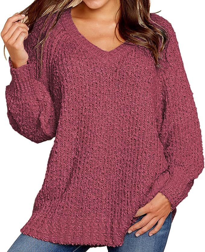KIRUNDO Women’s Winter Fuzzy Popcorn Sweater V Neck Long Sleeves Loose Fit Sweatshirt Solid Top... | Amazon (US)