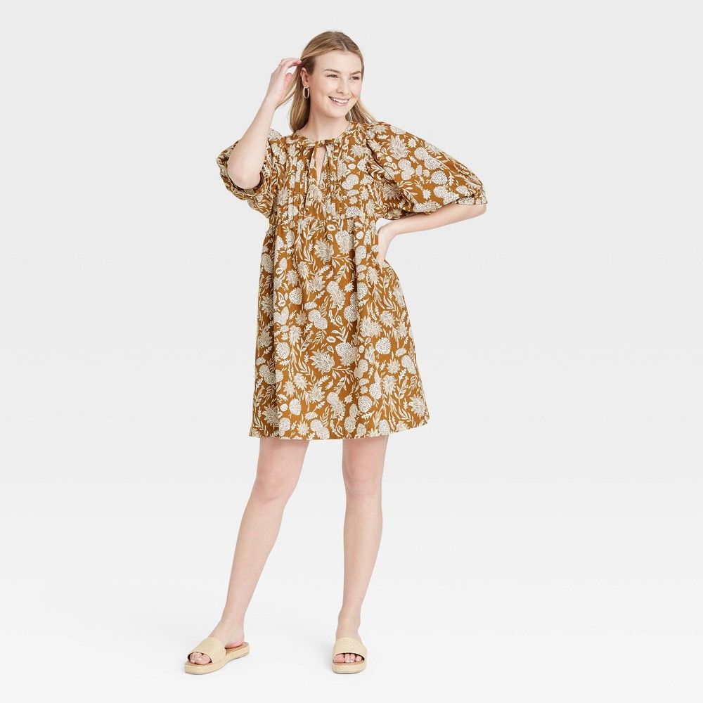 Women's Floral Print Puff Elbow Sleeve Babydoll Dress - Universal Thread™ | Target
