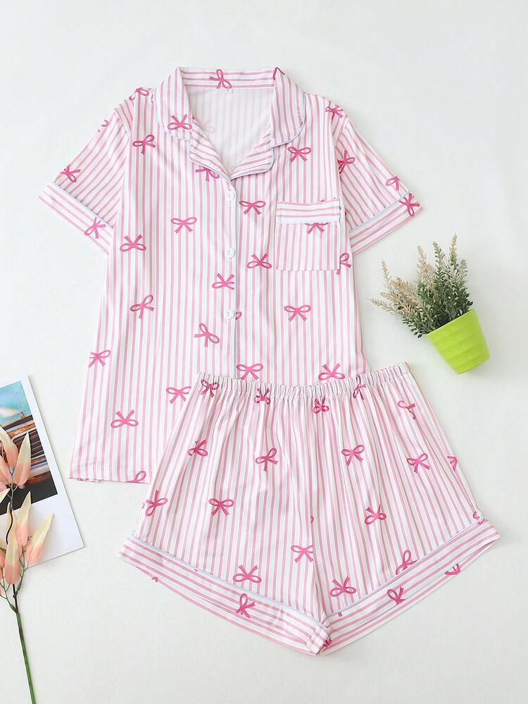 Stripe & Bow Print Women Short Sleeve Shorts Pajama Set | SHEIN