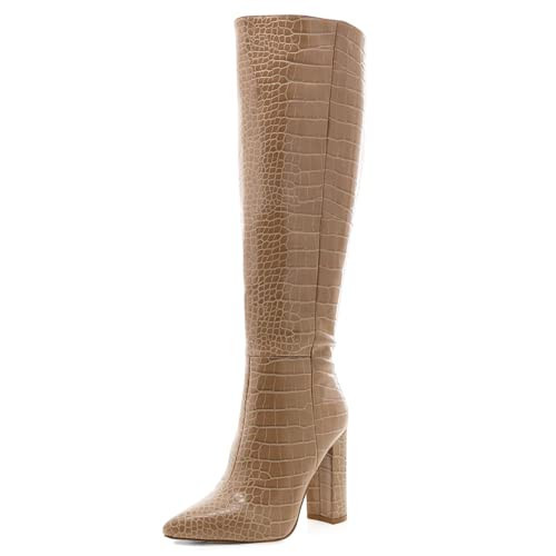 MUCCCUTE Knee High Boots for Women - Nude Chunky High Heel Pointed Toe Fashion Faux Crocodile GoGo Boots, Block Heeled Boots with Side Zipper Pull-On | Amazon (US)