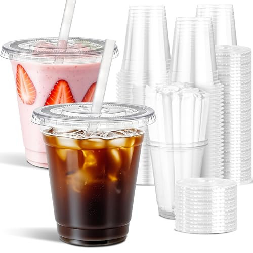 Ginkgo 100 Pack 12 oz Plastic Coffee Cups with Lids and Straws, Disposable Clear To Go Iced Coffee Cups for Milkshakes and Cold Beverages – Coffee Bar Essentials for Home and Shops | Amazon (US)