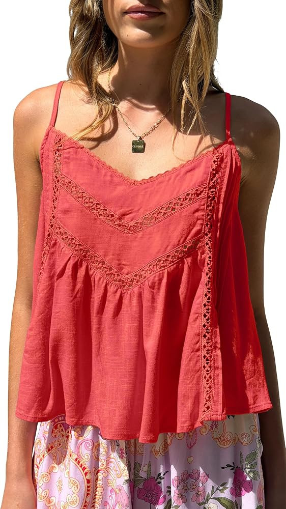 Allimy Womens Casual Adjustable Straps V Neck Linen Pleated Crochet Cami Shirt Tanks Tops | Amazon (US)