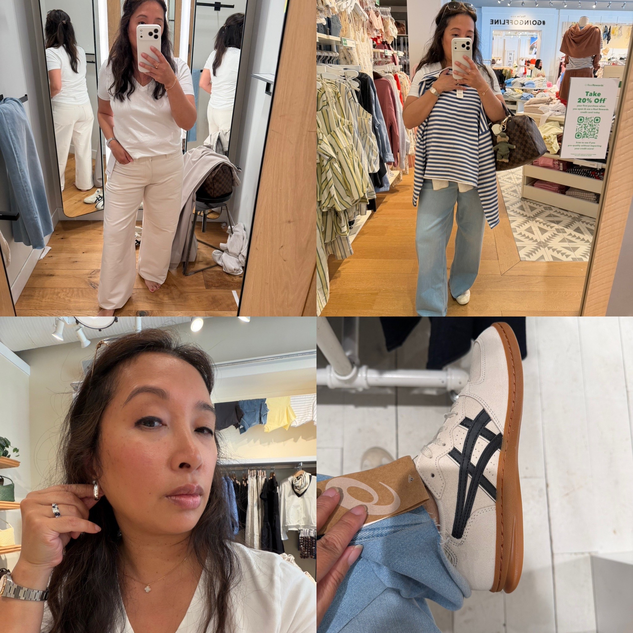 Spring pieces, lululemon easy five pants are TTS, free hemming in store, striped top is a pretty blue size down 1, love these sterling silver chunky earrings, and these Skyland ASICS sneakers are so comfortable with extra cushioning on the sole size down 1/2 they are unisex sizes 