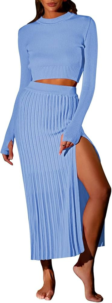 Pink Queen Women's 2 Piece Sweater Outfits Set Crop Top Long Sleeve Split Bodycon Pleated Midi Lo... | Amazon (US)