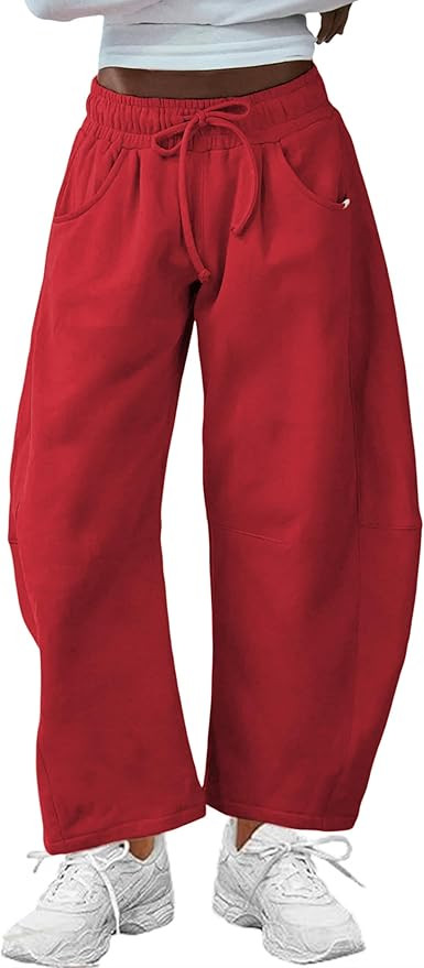 Hongsui Women's Barrel Leg Pants Elasticated Waistband Soft Wide Leg Pants with Pockets Casual Sw... | Amazon (US)