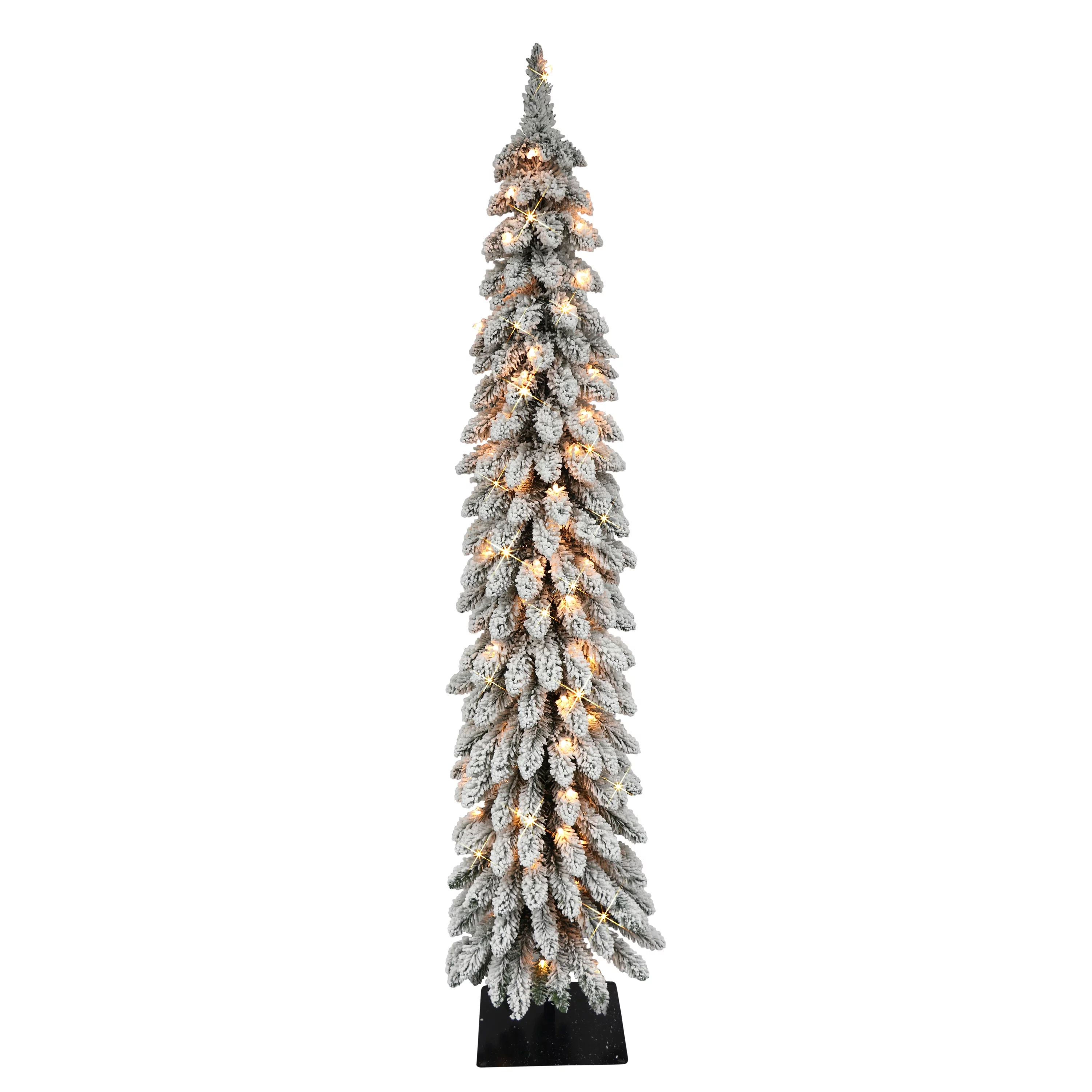 Pre-Lit 5' Flocked Pencil Alpine Artificial Christmas Tree with 70 Lights, Green | Walmart (US)