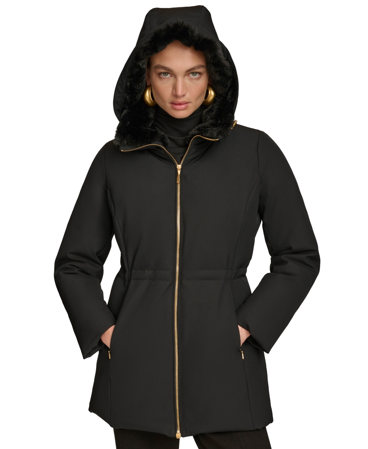 Donna Karan New York Women's Faux-Fur-Collar Short Puffer Coat - Black | Macy's