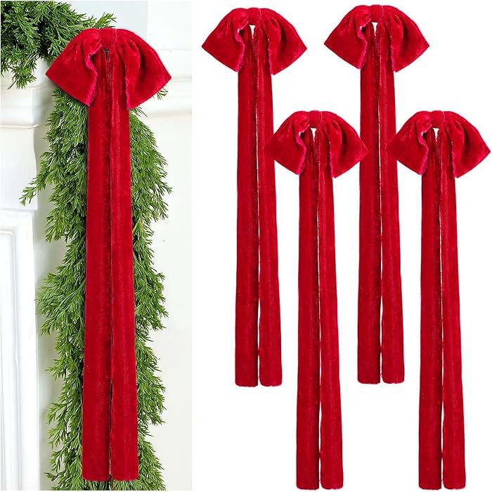 4 Pcs Large Velvet Bows for Christmas Tree 35.5 x 11.8 Inches Rustic Velvet Ribbon Bow Christmas ... | Amazon (US)