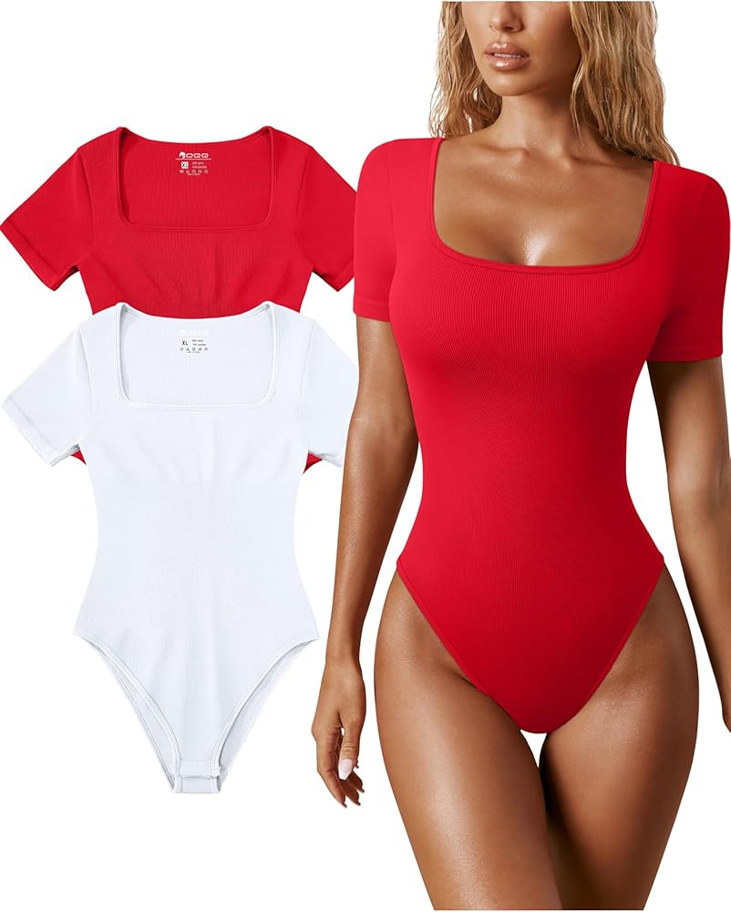 OQQ Women's 2 Piece Bodysuits Sexy Ribbed One Piece Square Neck Short Sleeve Bodysuits | Amazon (US)