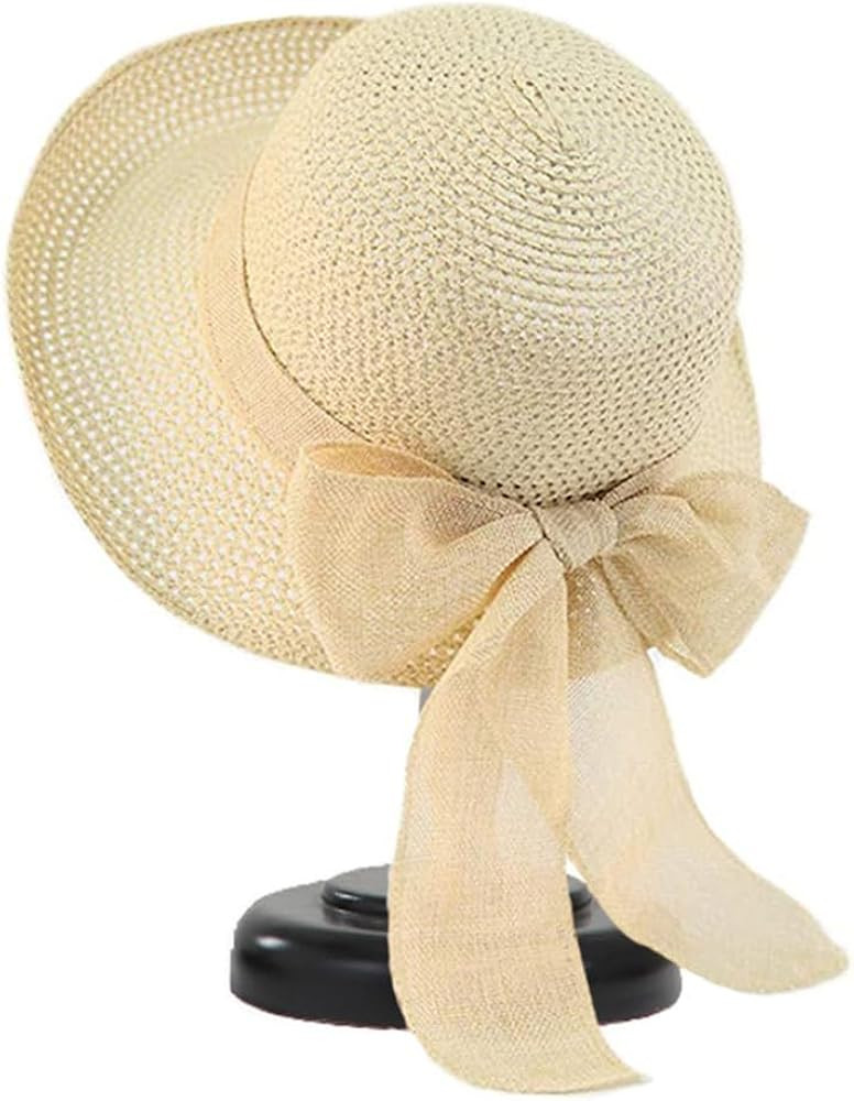 Women Straw Sun Hats Wide Brim Ribbons Roll Up Bucket UPF 50+ Foldable Floppy Sun Hat with Strap ... | Amazon (US)
