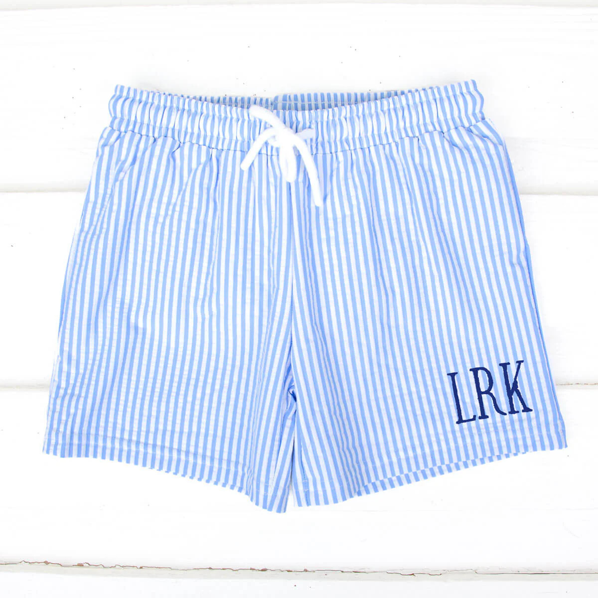 Blue Seersucker Stripe Swim Trunks | Classic Whimsy