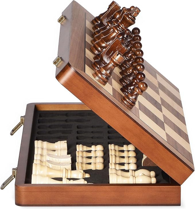 ELONGDI 15" Wooden Chess Set with Magnetic Pieces - Extra Queens - Folding Chessboard Portable Tr... | Amazon (US)
