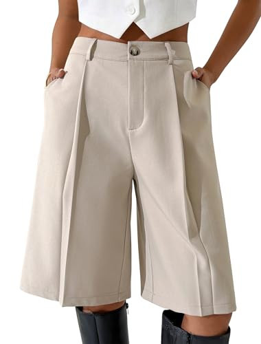 Eddoyee Bermuda Shorts for Women Knee Length Elastic Waist Wide Leg Shorts with Pockets Casual Business Work Khaki,M | Amazon (US)