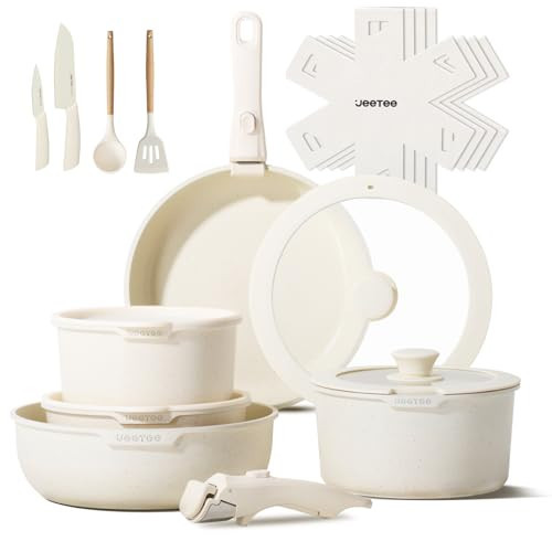 JEETEE Pots and Pans Set Non Stick 19pcs, Kitchen Cookware Sets with Detachable Handle, Induction Nonstick Cookware Set with Removable Handle, Stackable RV Cookware, Oven Safe, PFOA Free, Beige | Amazon (US)