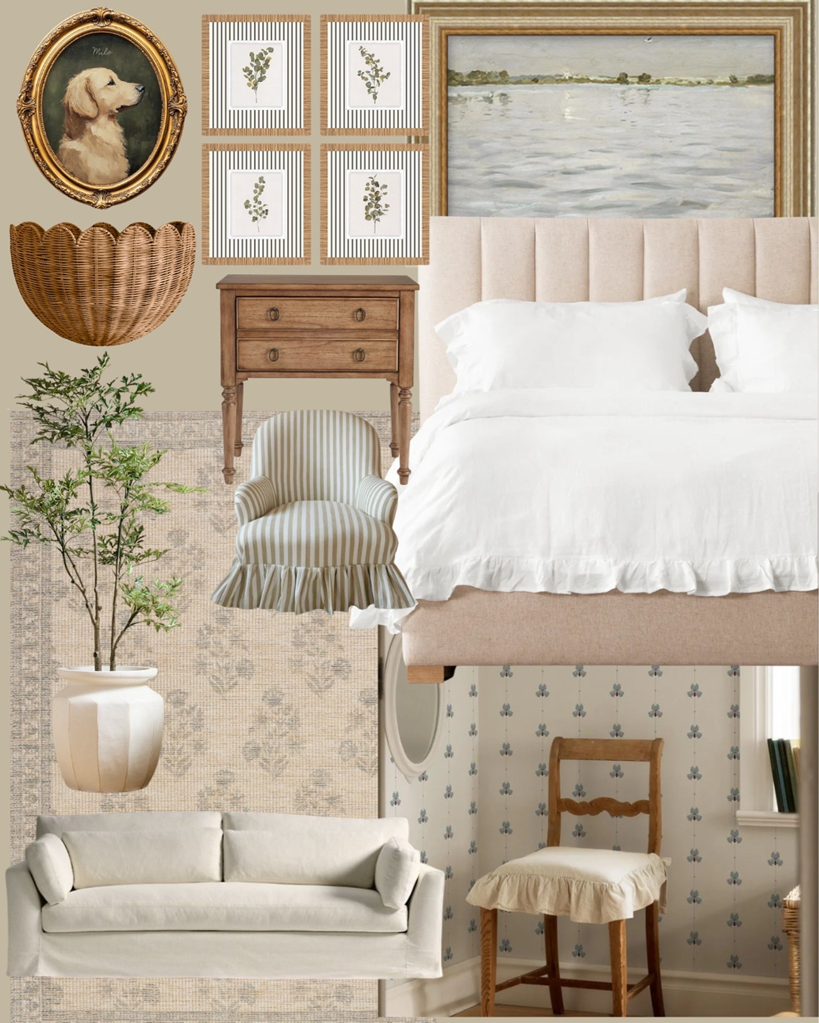 The bedroom that feels like it's been collected over a lifetime ✨ 

A few cottage favorites, a channeled linen bed, a striped skirted chair, vintage botanical prints, a beloved dog portrait, and those warm, personal details that make a bedroom feel like it truly belongs to you. 

All linked here 🤍 

#LTKhome