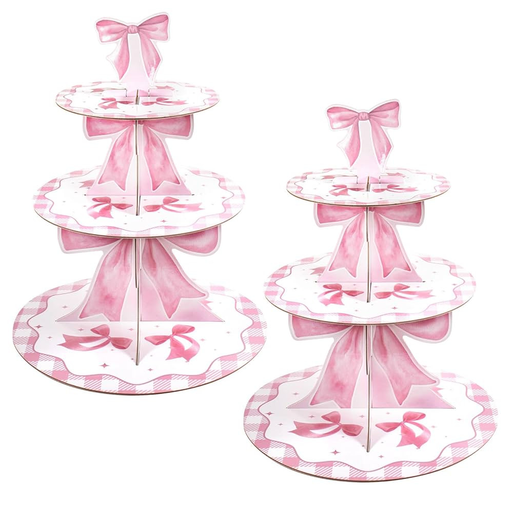 2 Pack Pink Bow Cupcake Stand Coquette Theme Birthday Party Decorations 3 Tier Pink Cupcake Holde... | Amazon (US)