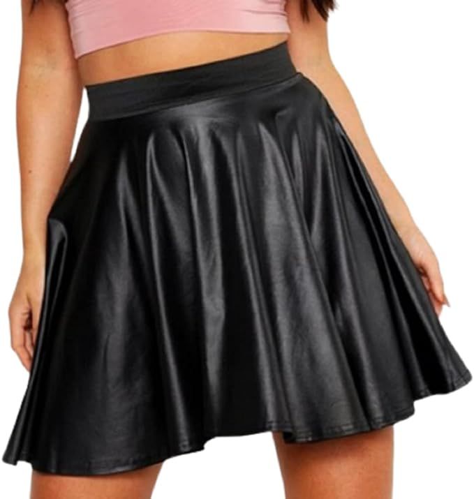 OgLuxe Womens Faux Leather Skirt Stretchy High Waist Wetlook Flare Mini Skater Skirt | Amazon (US)