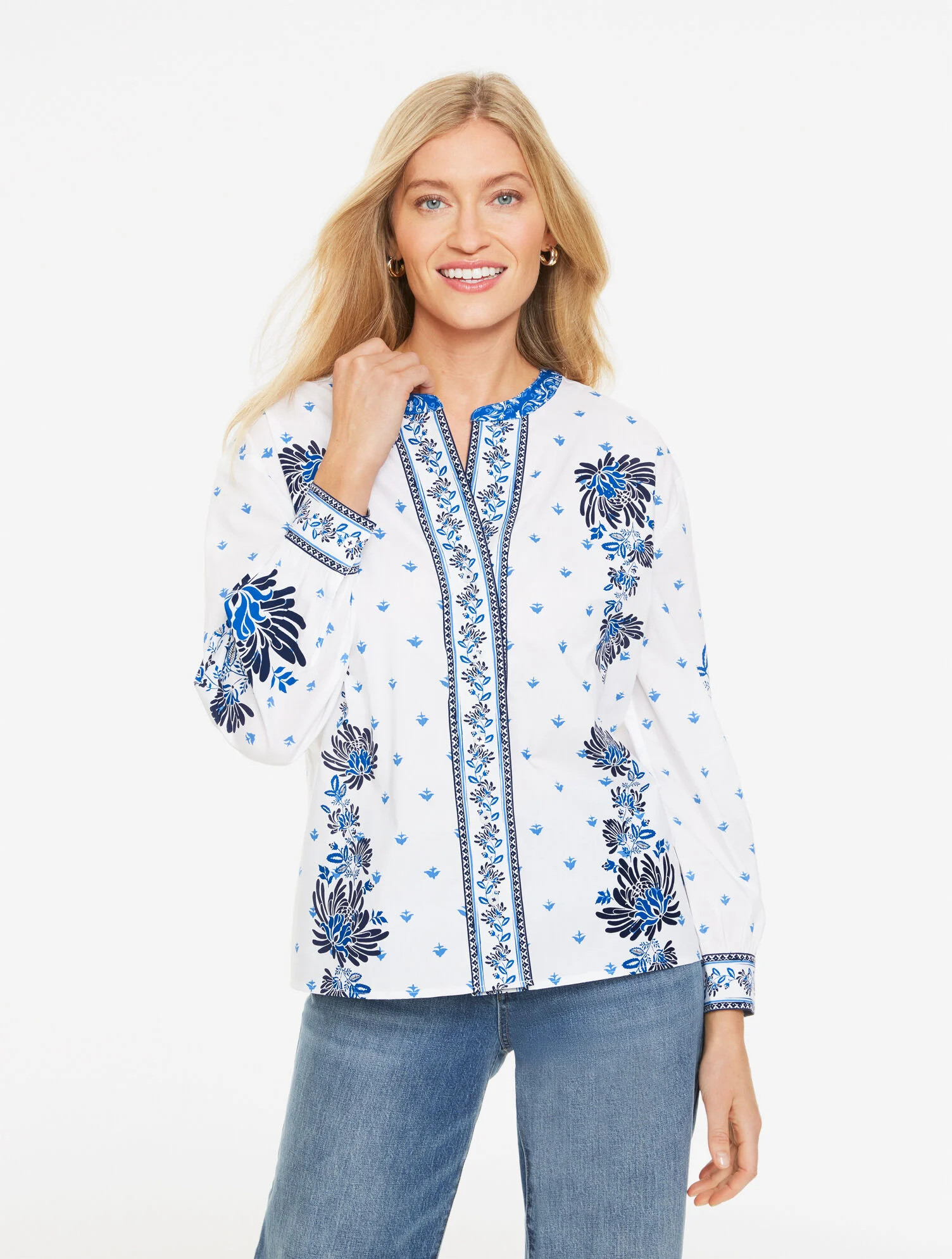 Band Collar Poplin Top - Foulard Floral | Talbots