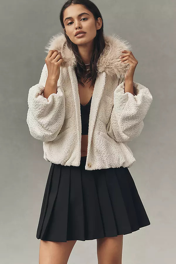 Maeve Faux Fur Collar Boucle Bubble Bomber Jacket | Anthropologie (US)