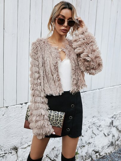 Open Front Fuzzy Crop Coat | SHEIN