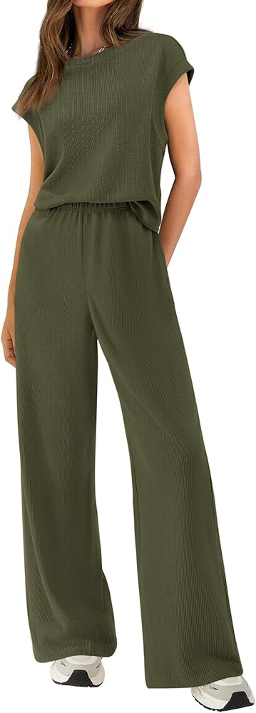 BTFBM Women Two Piece Outfits Summer Short Sleeve Knit Tops Wide Leg Pants Lounge Matching Sets S... | Amazon (US)