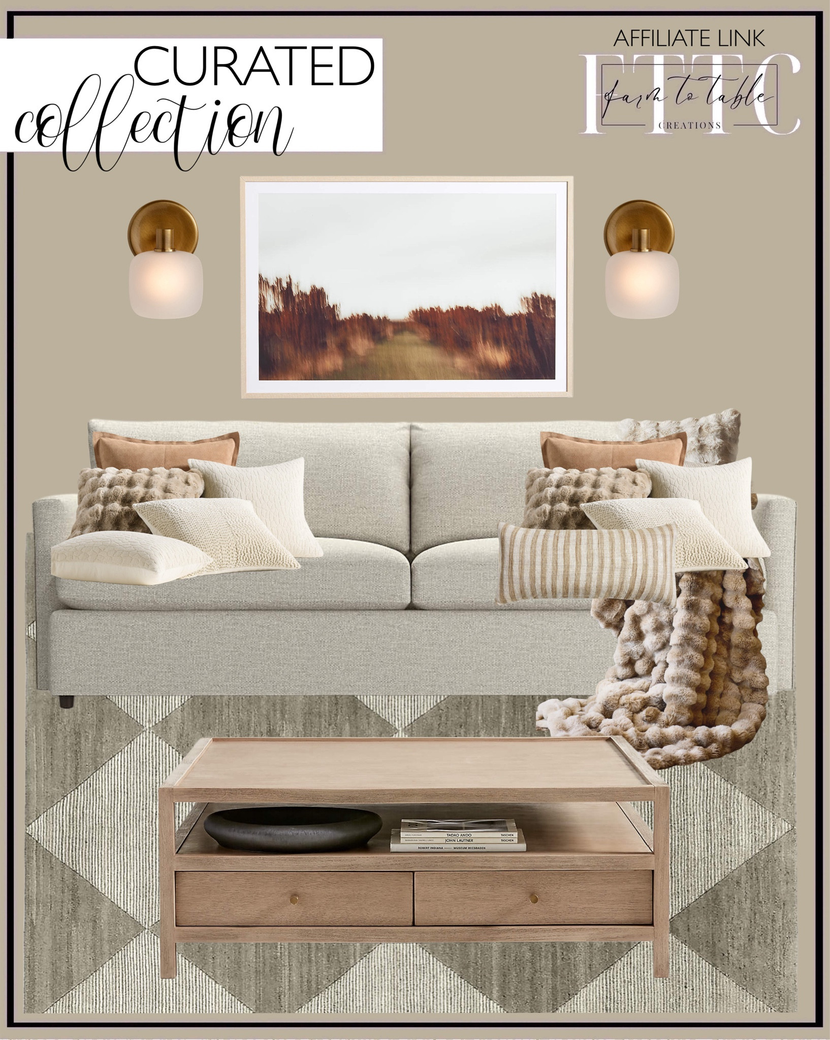 Curated Living Room Collection. Follow @farmtotablecreations on Instagram for more inspiration.

Lounge Sofa. Dreux Wool-Blend Diamond-Textured Caramel Brown Area Rug. Nature Orchard Framed Beige Wall Art Print by Tatiana Alexandra. Wall Sconce. Hyde Pieced Suede Camel Tan Throw Pillow Cover. Travertine Beige Pillow Cover. Faux Fur Pillow Covers. Natural Wood Storage Coffee Table. 

Living Room Furniture. Coffee Table. Sofa. Living Room Couch. Living Room Rug. Cozy Living Room. Crate & Barrel. 

#LTKHome #LTKStyleTip #LTKFindsUnder100