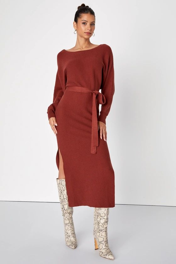 Cozy Captivation Rust Ribbed Dolman Sleeve Midi Sweater Dress | Lulus (US)
