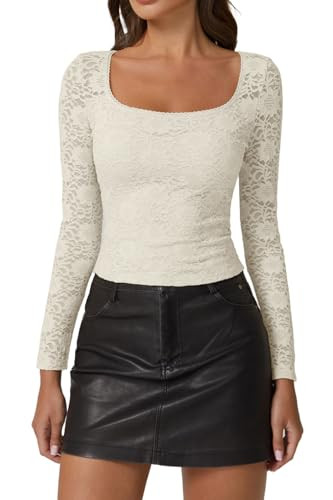 QINSEN Chic Floral Lace Crop Tops for Women Slimming Fit Long Sleeve Square Neck Going Out Basic ... | Amazon (US)