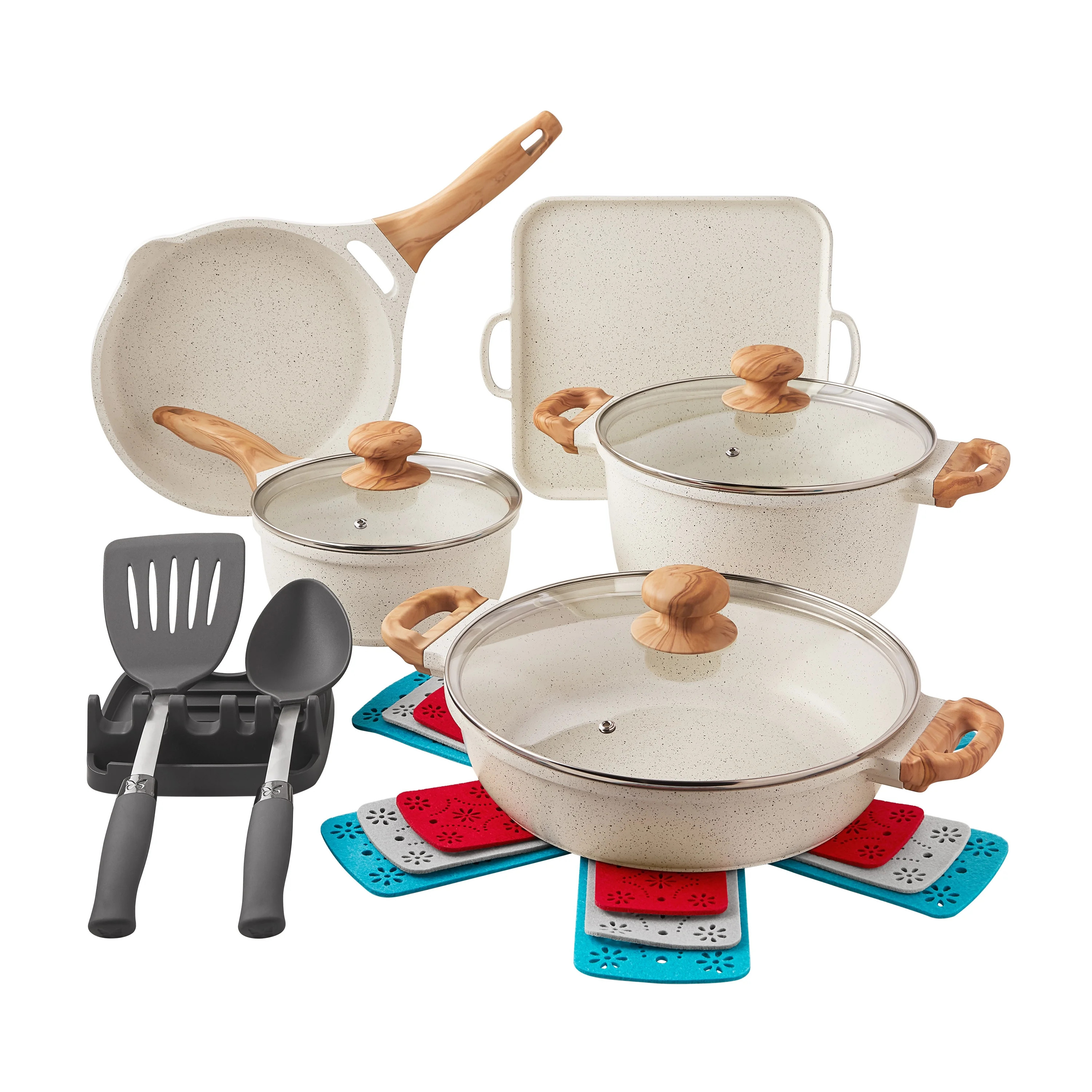 The Pioneer Woman Prairie Signature 14-Piece Cast Aluminum Cookware Set, Linen Speckle | Walmart (US)