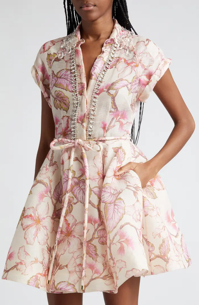 Zimmermann Matchmaker Crystal Embellished Belted Linen & Silk Organza Minidress | Nordstrom | Nordstrom
