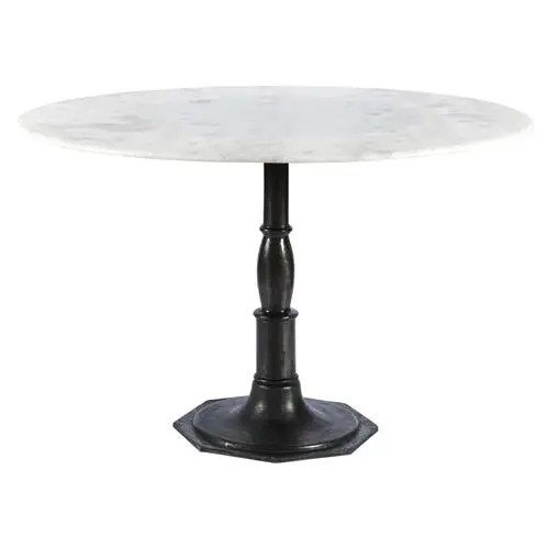 Hervey Modern French Cast Iron White Marble Pedestal Dining Table - 48"W | Kathy Kuo Home