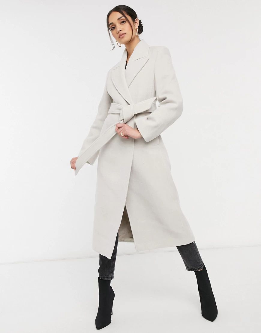 & Other Stories recycled long belted wool coat with shoulder pads in beige | ASOS (Global)