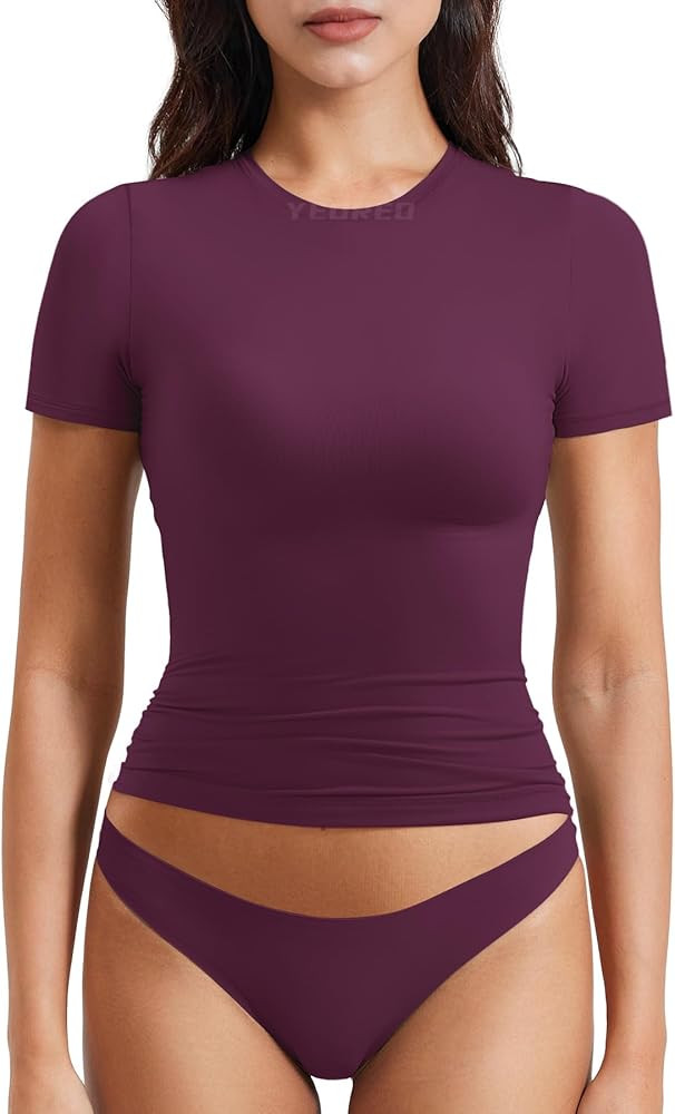 YEOREO Women's Double Lined Fitted Basic Tops Casual Short Sleeve Crew Neck T Shirt Sweeney Y2K G... | Amazon (CA)