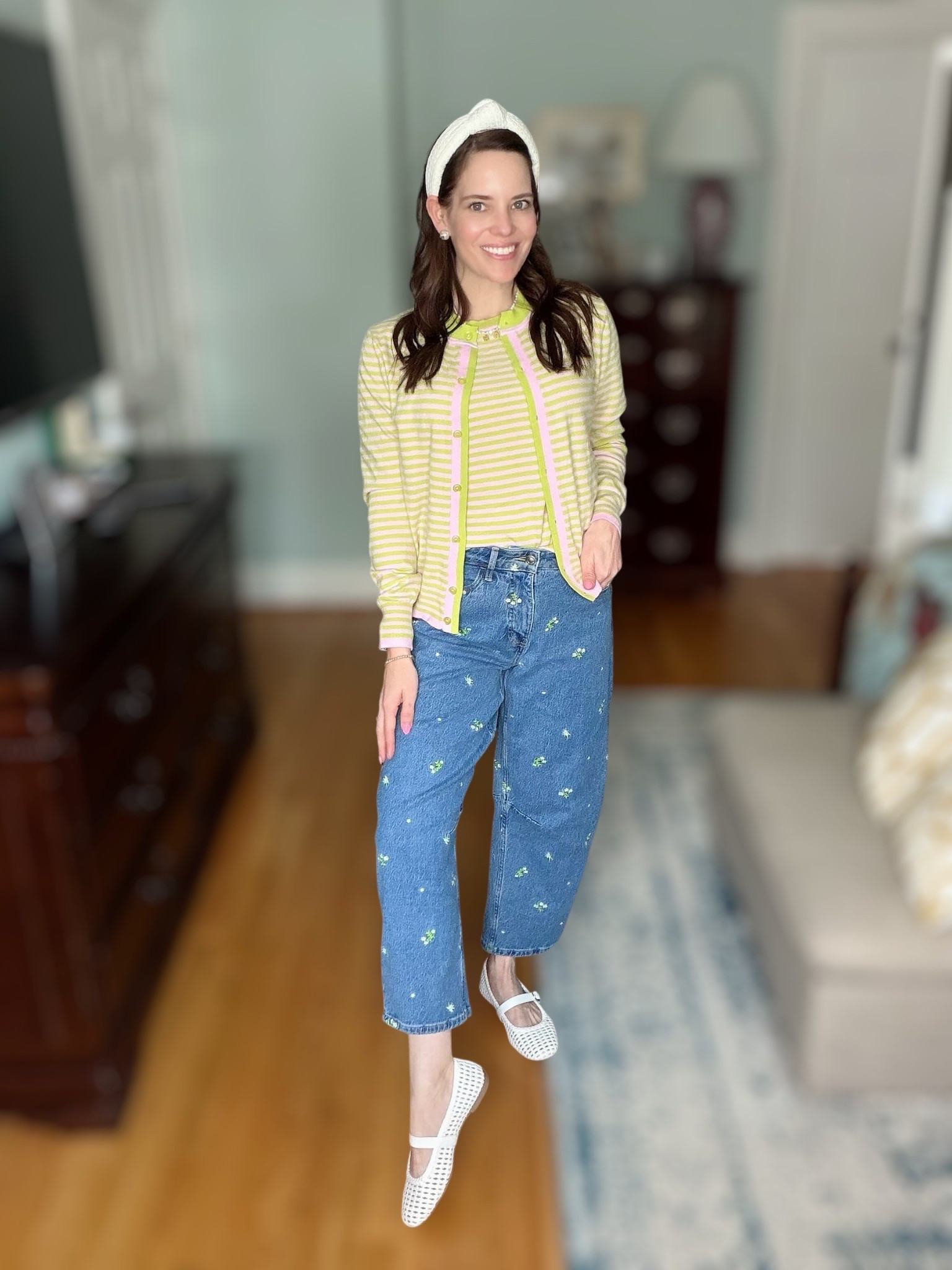 Green Striped Cardigan & Floral Jeans Outfit

Such a fun and cheerful spring outfit! 💚 This green striped cardigan layered over the matching sleeveless knit top creates the cutest twinset look. I paired it with cropped barrel jeans featuring the sweetest tiny floral embroidery for a playful touch. Finished with woven ballet flats and a classic white headband for an easy preppy feel. Perfect for spring days, casual outings, brunch, or everyday wear! 🌼

green striped cardigan outfit, knit twinset outfit, embroidered floral jeans, spring casual outfit, preppy spring style, cropped jeans outfit, woven ballet flats outfit, feminine casual outfit, colorful spring fashion, everyday preppy outfit 💚🌼

#LTKootd #LTKPetite #LTKOver40