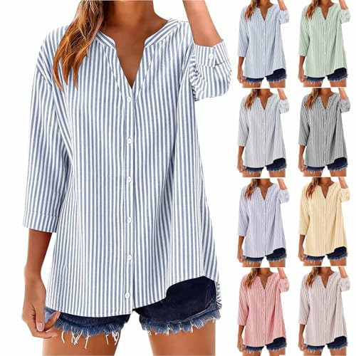 Blue White Striped Shirt Women, Womens Striped Button Down Shirts 3/4 Sleeve V Neck Dressy Tops Casual Business Work Blouses Spring Summer Clothes Blue | Amazon (US)