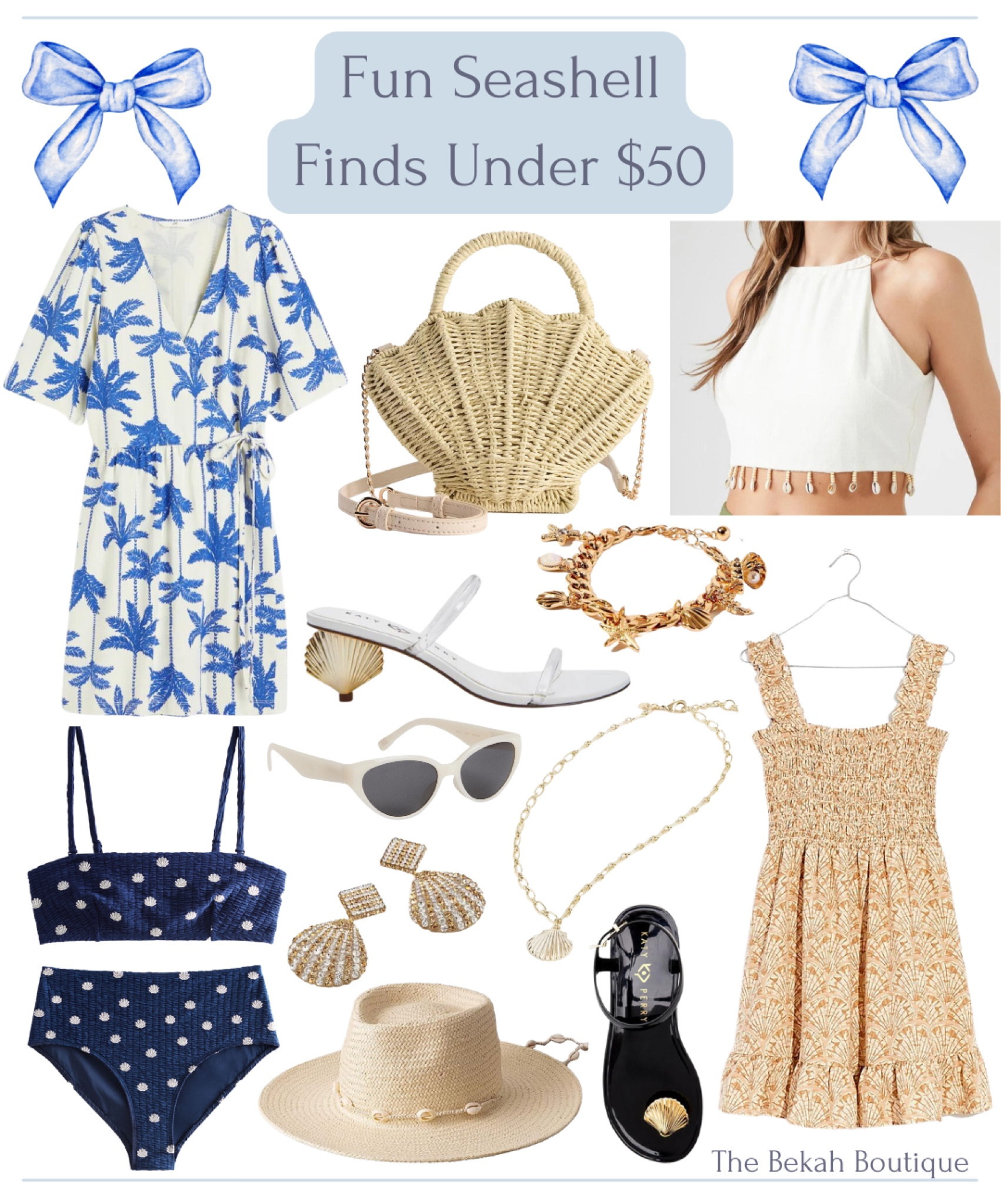 Seashell, beach, beach finds, beach inspired, seashell inspired, summer, Coastal grandmother, resort wear, palm tree dress, seashell bag, wicker bag, seashell wicker bag, seashell crop top, seashell charm bracelet, seashell sandals, seashell necklace, seashell printed dress, seashell beach hat, seashell earrings, cat eye sunglasses, white cat eye sunglasses, embroidered bikini, seashell swimsuit 

#LTKFind #LTKSeasonal #LTKunder50