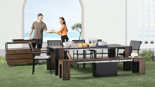 Transformer Outdoor Dining Set for 12 – Expandable Patio Table, 6-in-1 Extendable Bench, 4 Stackable Chairs & Bart cart, Weather-Resistant Wooden Outdoor Furniture (Dark Walnut) | Amazon (US)