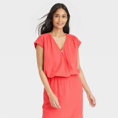 Women's Short Sleeve Blouse - Universal Thread™ Coral Red S: Cotton Blend, V Neck, Pullover, Li... | Target