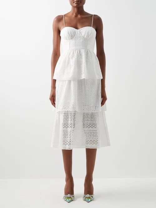 Self-portrait - Tiered Broderie-anglaise Cotton Midi Dress - Womens - White | Matches (UK)