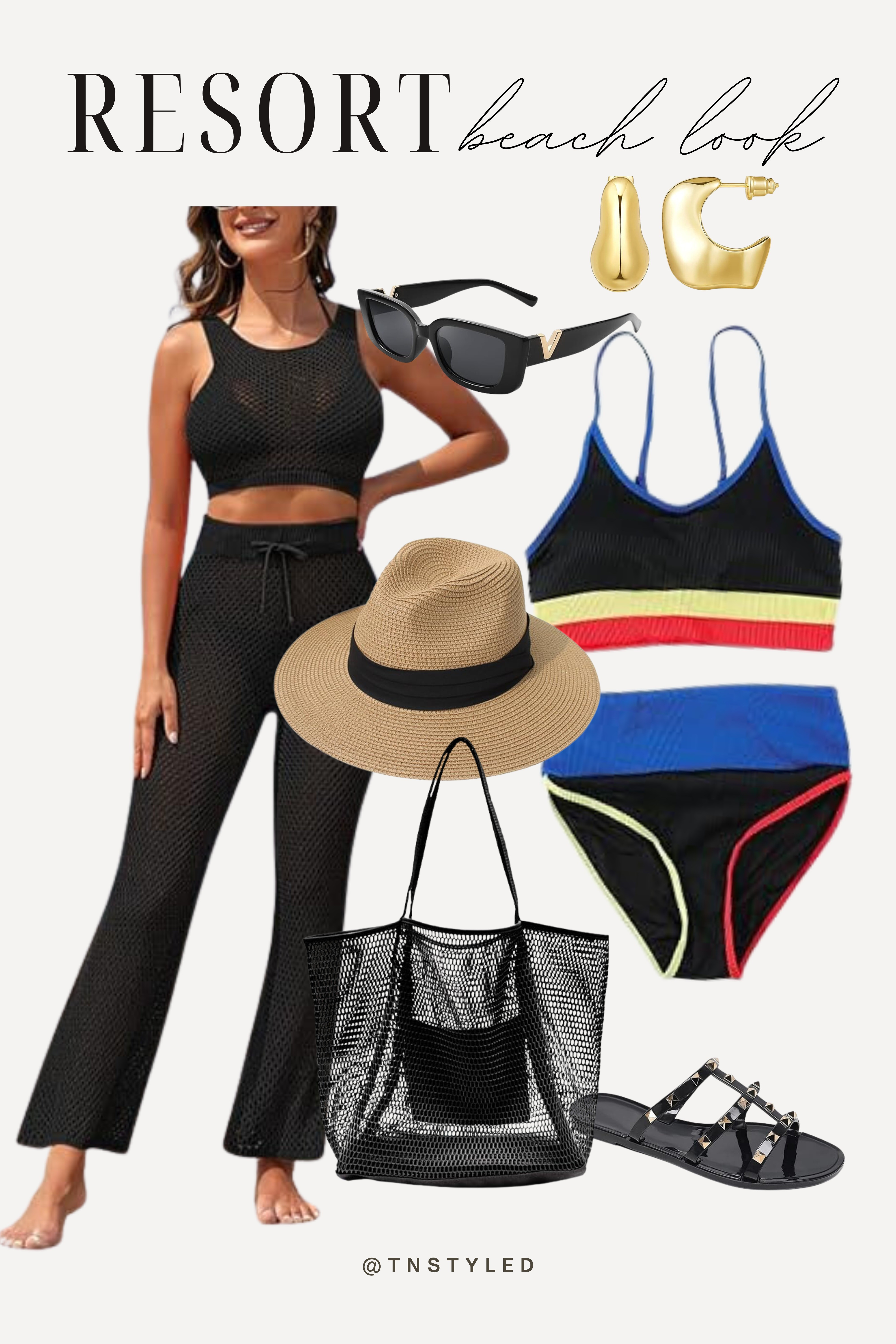 Resort Beach Look from @amazon //  beachwear, swimwear, bathing suit crochet coverup, mesh beach handbag, wide straw hat, summer flat shoes // amazon fashion 

#LTKSeasonal #LTKswim #LTKstyletip