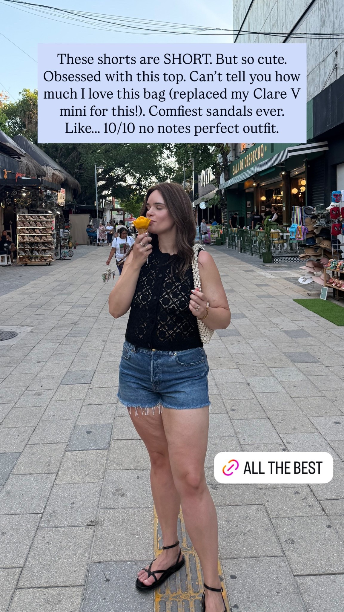 These shorts are SHORT. But so cute. Obsessed with this top. Can’t tell you how much I love this bag (replaced my Clare V mini for this!). Comfiest sandals ever. Like….. 10/10 no notes perfect outfit.

Top: wearing a medium (no stretch)
Shorts: wearing a 31, size up one
Shoes: run TTS

summer outfit - denim shorts - summer style

#LTKSeasonal #LTKSummerEdit