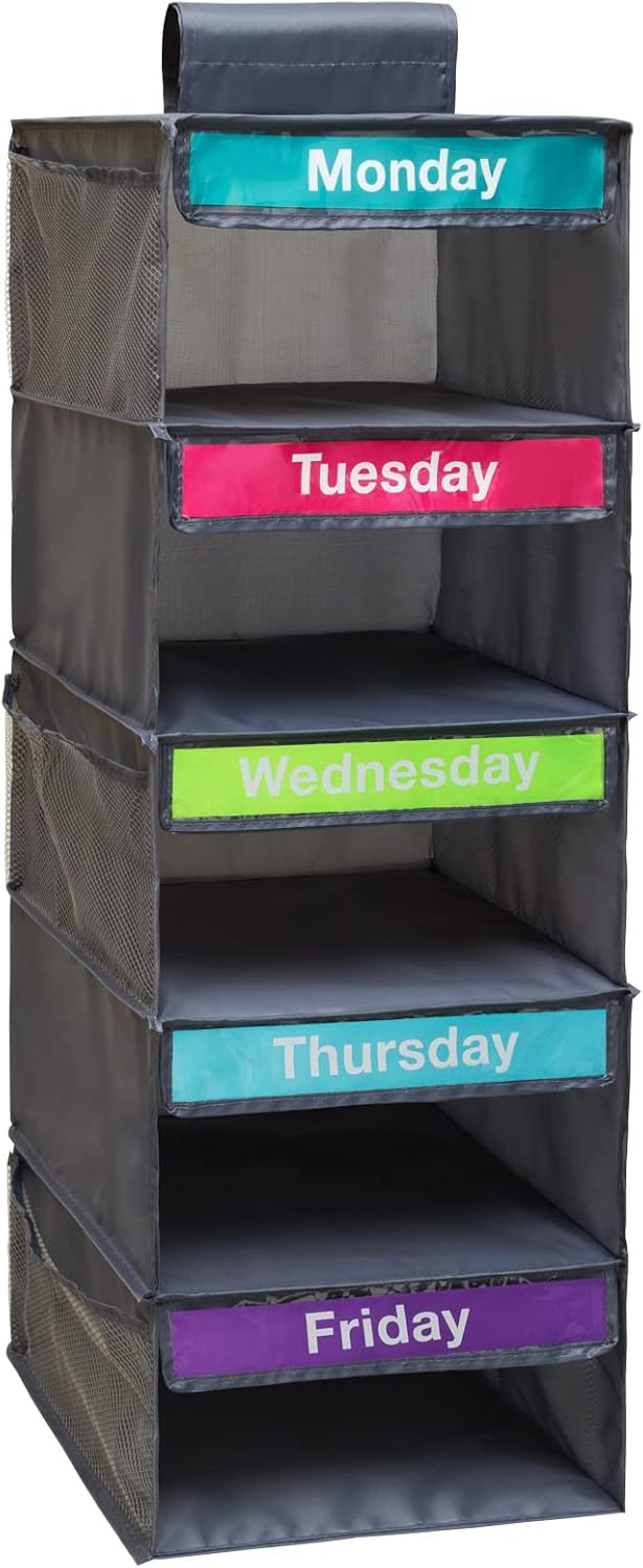 5-Shelf Weekly Clothes Organizer for Kids, Kids Daily Shelf Hanging Closet Organizer with 6 Side Pockets, Days of The Week Hanging Storage Shelves, Grey | Amazon (US)