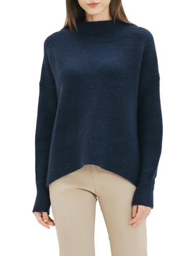 Cable Stitch Women's Mock Neck Cozy Sweater - Oversized Soft Long Sleeve Drop Shoulder High Low Hem Slouchy Pullover Top (Small, Navy) | Amazon (US)